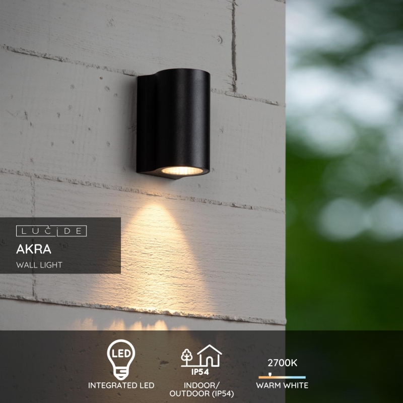 Lucide AKRA - Nástenné svietidlo vnútorné/vonkajšie - LED - 1x8W 2700K - IP54 - čierne